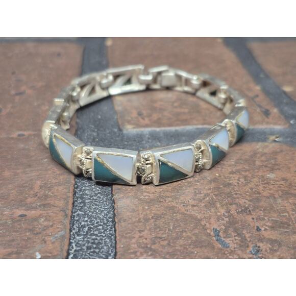 Vintage Sterling Silver Turquoise White Enamel Bracelet 7.5" Length - Picture 1 of 6